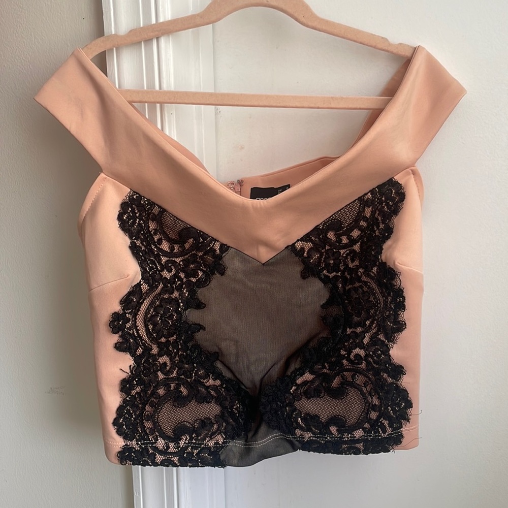 ASOS pink and black lace off shoulder top size 4
